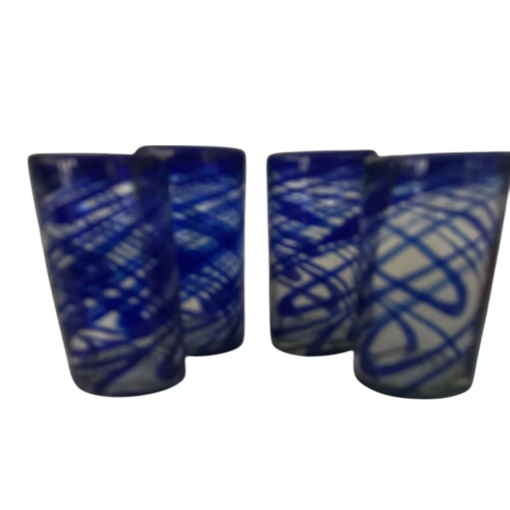 Cobalt Blue Hand Blown Mexico Swirl Glasses 4.5 inch tall Set of 4